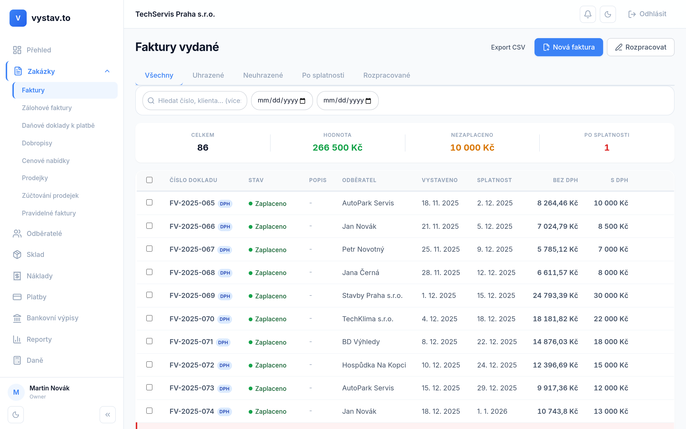 vystav.to — seznam vydaných faktur s přehledem stavu uhrazení